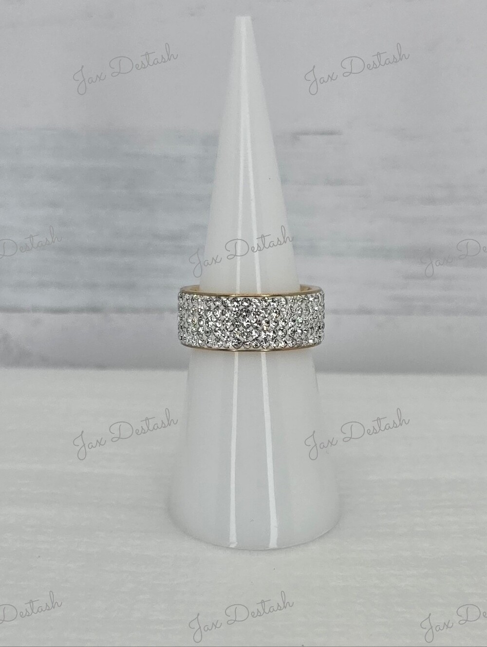 Stainless Steel Gold Tone Crystal Pavé Wide Band Ring